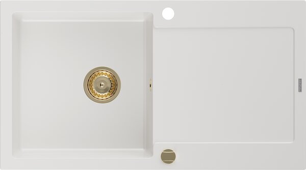 Mexen Leo, dřez granitový 900x500x190 mm, 1-komorový, bílá se zlatým sifonem, 6501901010-20-G