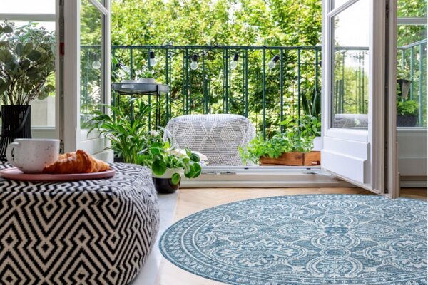 Koberec šňůrkový SIZAL LOFT 21193 kruh BOHO sloní kost / stříbrný / nebeský