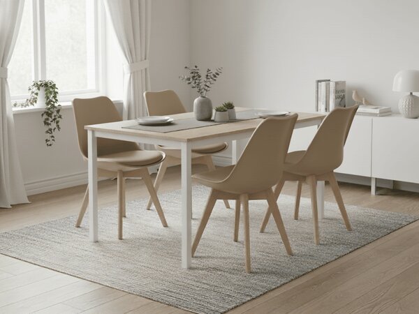 Jídelní set 1 + 4, bílý stůl TESSA 120x60 cm dekor dub + béžová židle BALI MARK s bukovými nohami