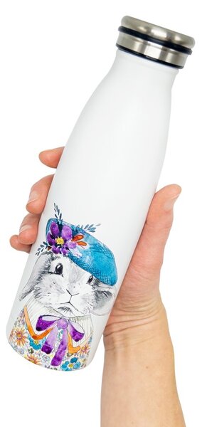 Nerezová termolahev Králík elegán, 500 ml – bílá, matný povrch, s pohádkovým motivem králíka