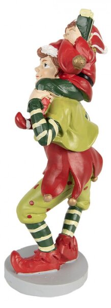 Zeleno-červená vánoční dekorace elf s dítětem za krkem držící ho za ruku – 19 cm