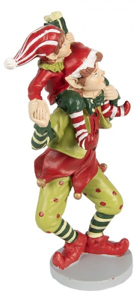 Zeleno-červená vánoční dekorace elf s dítětem za krkem držící ho za ruku – 19 cm