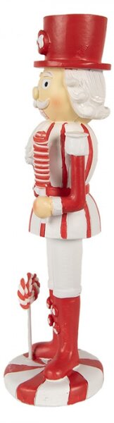 Červeno-bílá vánoční dekorace soška Louskáček se zmrzlinou, lízátkem a s dlouhými vousy – 23 cm