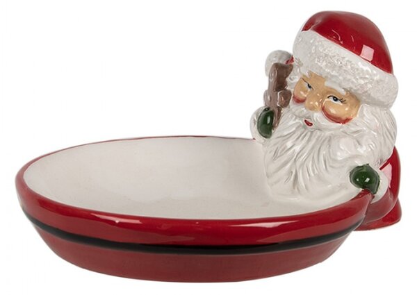 Bílo-červená vánoční dekorativní miska Santa Claus s čepicí a perníčkem – 19x16x10 cm