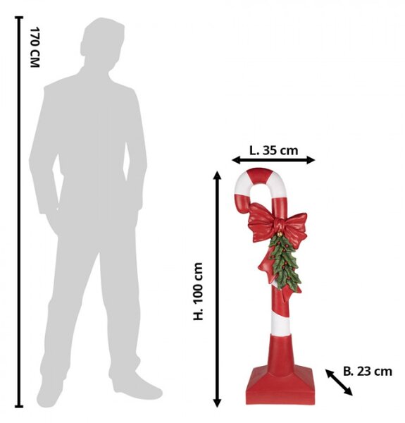 Červená vánoční dekorace figurka Candy Cane s bílými pruhy, mašlí a vánoční větvičkou XL – 100 cm