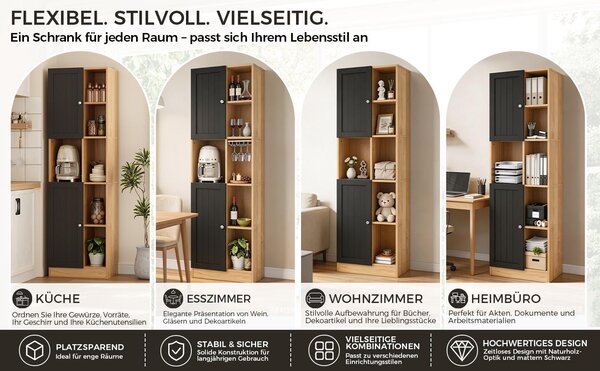 Skříňka s policemi 50x35,5x170 cm, 6 otevřených polic, 2 dveře, nastavitelné police, ochrana proti převrácení