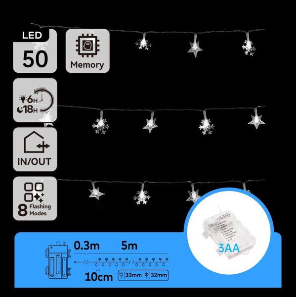 Aigostar - LED Venkovní řetěz 50xLED/8 funkcí 3xAA 5 m IP44 studená bílá