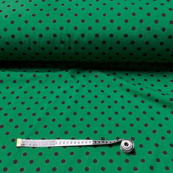 Dětské bavlněné látky, metráž. Puntík 10 mm, černý na Zeleném