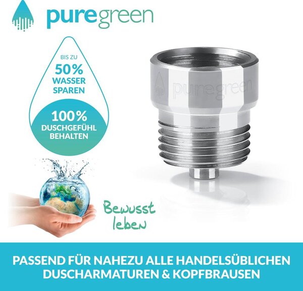 Puregreen 2x úsporný sprchový hlavice Snadná instalace, vhodná pro téměř všechny sprchové baterie a sprchové hlavice Úspora vody až 50 % bez ztráty komfortu