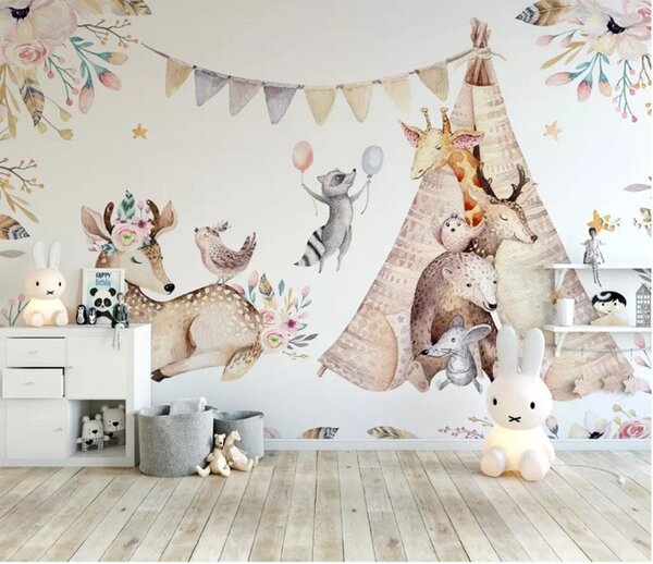 Fototapeta Skupina zvířat s teepee, Dětské fototapety, Populární fototapety, u01584 - Tapeko.co.cz