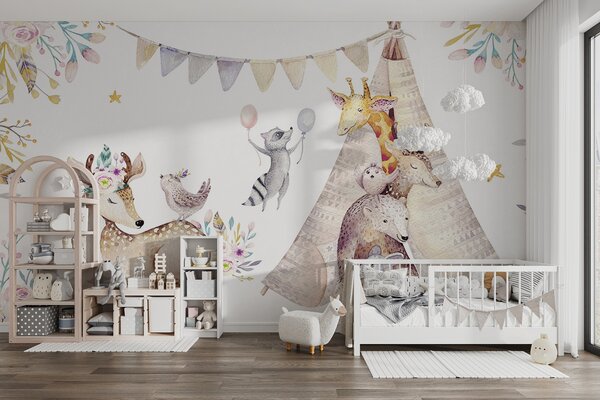 Fototapeta Skupina zvířat s teepee, Dětské fototapety, Populární fototapety, u01584 - Tapeko.co.cz