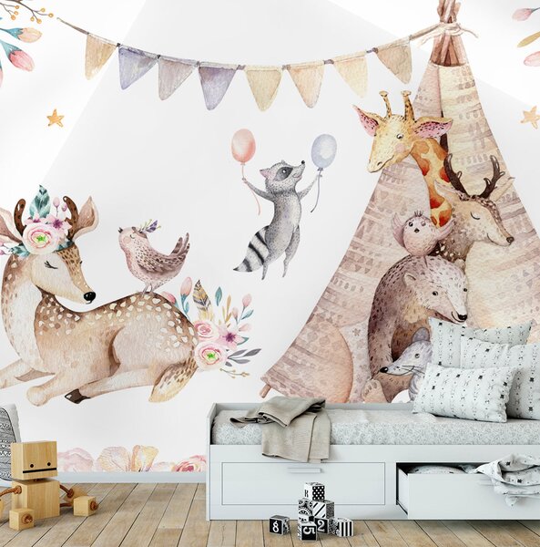 Fototapeta Skupina zvířat s teepee, Dětské fototapety, Populární fototapety, u01584 - Tapeko.co.cz