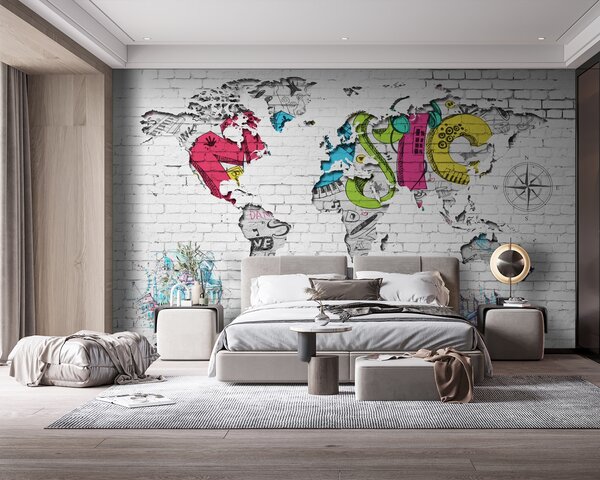 Fototapeta Mapa světa namalovaná na cihlové zdi, Fototapeta s mapou světa, Populární fototapety, u01805 - Tapeko.co.cz