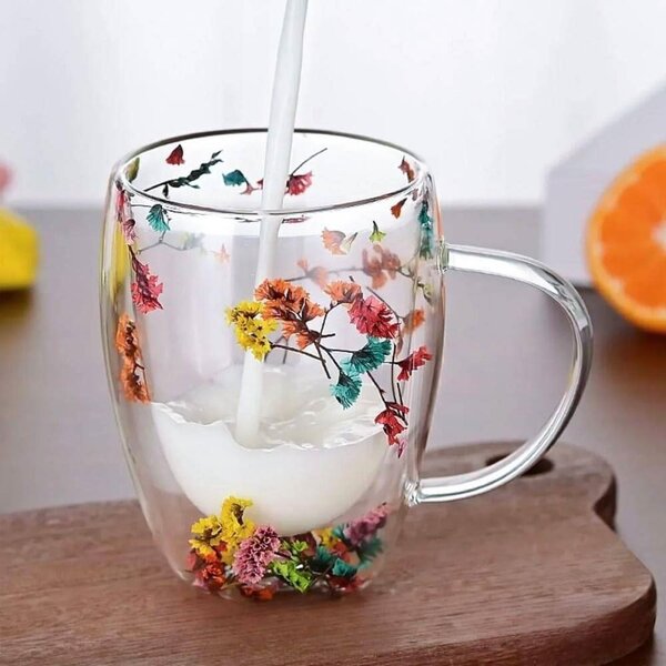 4Leaders Dvoustěnný skleněný hrnek s květinami 300 ml