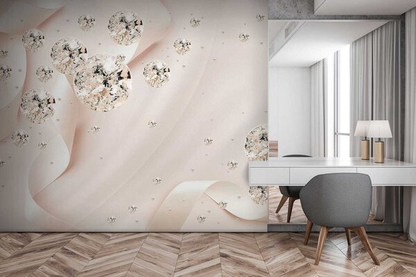 Fototapeta Bílá saténová stuha s diamanty a perlami, 3D květinové fototapety, Populární fototapety, u02183 - Tapeko.co.cz