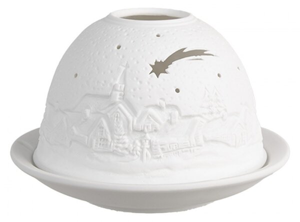 Bílý porcelánový svícen na čajovou svíčku s kometou, kostelem a vesnicí – 12x8 cm