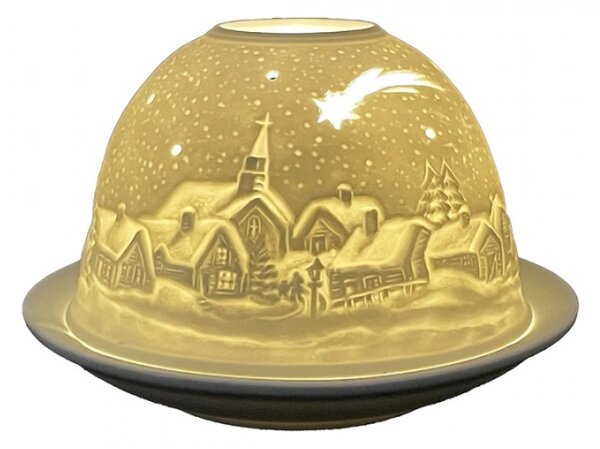 Bílý porcelánový svícen na čajovou svíčku s kometou, kostelem a vesnicí – 12x8 cm
