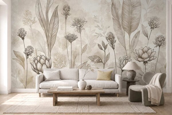 Fototapety Botanická kompozice s květy a listy, Fototapety květiny, w05802 : uwalls.cz