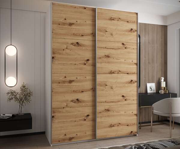 Šatní skříň LUX 1 s posuvnými dveřmi, 170×245,5×64 Bílá / dub Artisan / stříbrné
