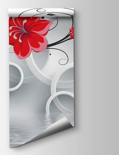 Fototapeta Tapety s červenými květy a bílými kruhy, 3D květinové fototapety, Populární fototapety, u08994 - Tapeko.co.cz