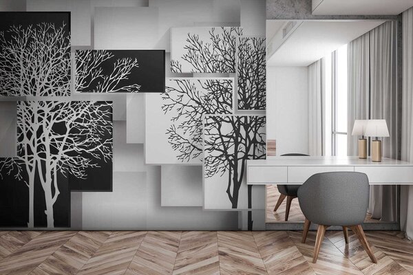 Fototapeta Skupina černobílých čtverců se stromy, Geometrické 3D fototapety, Populární fototapety, u09369 - Tapeko.co.cz
