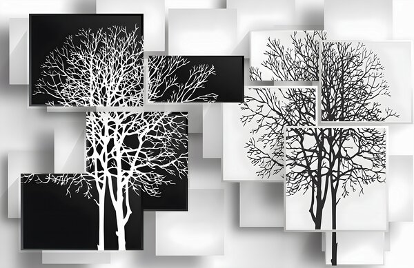 Fototapeta Skupina černobílých čtverců se stromy, Geometrické 3D fototapety, Populární fototapety, u09369 - Tapeko.co.cz