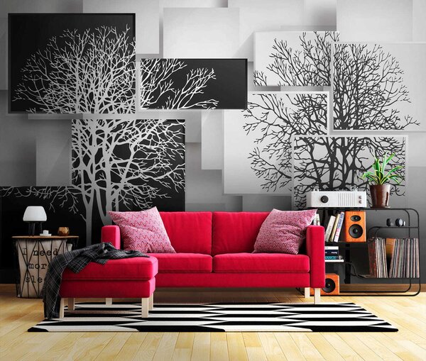 Fototapeta Skupina černobílých čtverců se stromy, Geometrické 3D fototapety, Populární fototapety, u09369 - Tapeko.co.cz