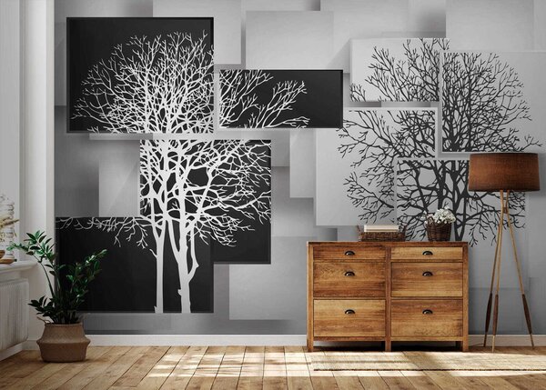 Fototapeta Skupina černobílých čtverců se stromy, Geometrické 3D fototapety, Populární fototapety, u09369 - Tapeko.co.cz