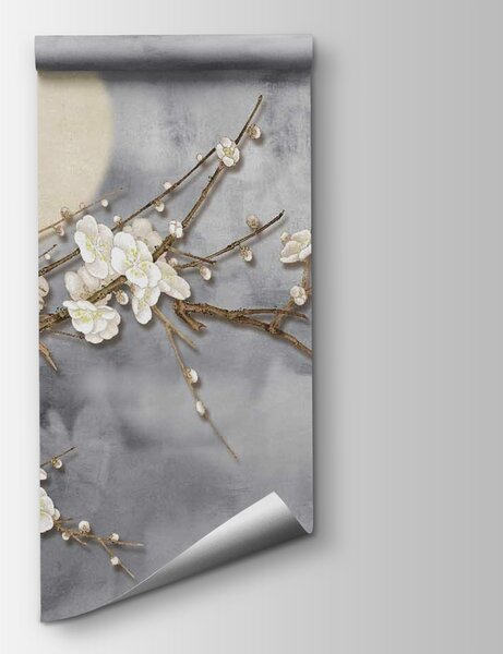 Fototapeta Pták na větvi s bílými květy, Designové fototapety na zeď, Populární fototapety, u09726 - Tapeko.co.cz