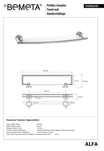 Bemeta Design ALFA: Polička, 620 mm, s hrazdou, sklo - 102402243