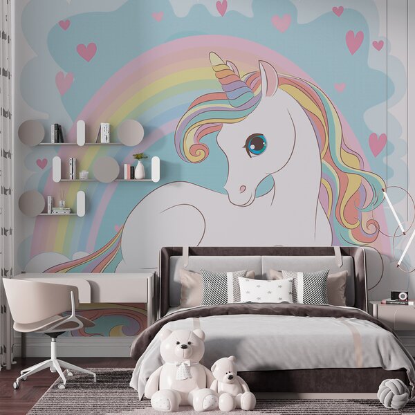 Fototapeta Jednorožec sedící na obláčku s duhou a srdíčky, Dětské fototapety, Populární fototapety, u10971 - Tapeko.co.cz