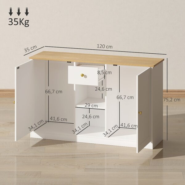 HOMCOM Komoda se Zásuvkou, 2 Dveřmi a 2 Otevřenými Policemi, 120 x 35 x 75,2 cm Bílá | Aosom