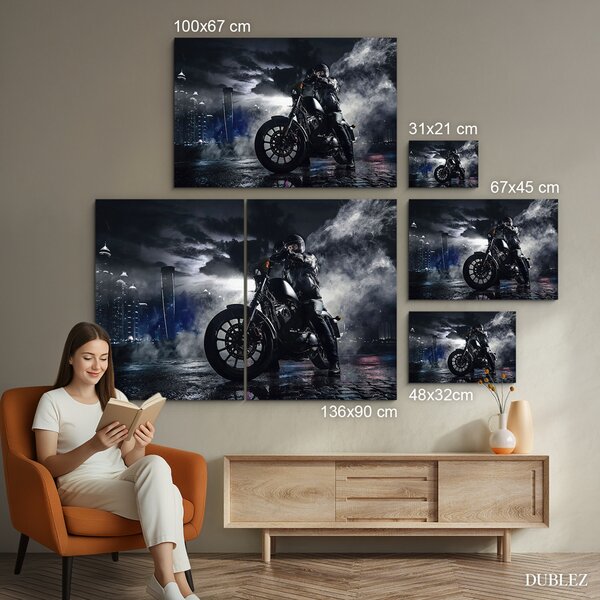 DUBLEZ | Motorkářský obraz na dřevě - Noční jezdec | UV tisk, Premium