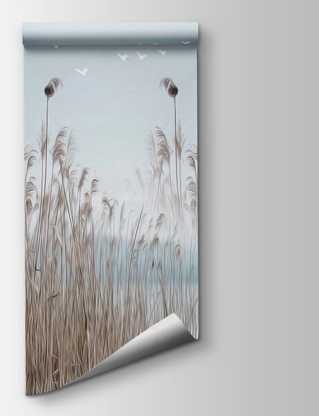 Fototapeta Skupina vysoké trávy s ptáky létajícími na obloze, Přírodní fototapety, Populární fototapety, u13642 - Tapeko.co.cz