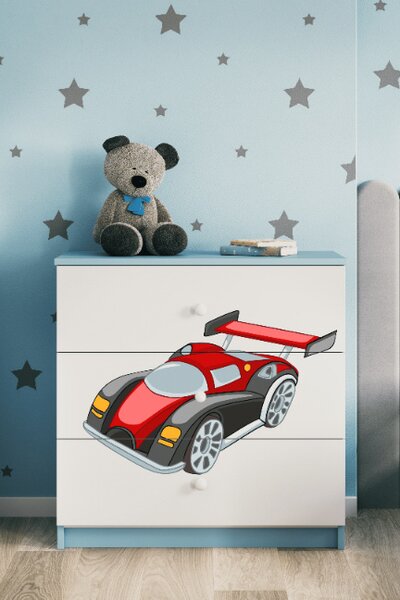 Dětská komoda se zásuvkami závodní auto v modré barvě Babydreams