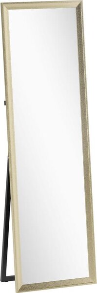 Zrcadlo Moonbite, celoobrazové, rozměry 160 × 50 cm, rám s kovovou strukturou v zlaté barvě, sklo o tloušťce 4 mm, lze umístit na zeď nebo postavit samostatně. Materiály: sklo, zlato
