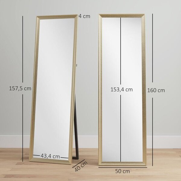 Zrcadlo Moonbite, celoobrazové, rozměry 160 × 50 cm, rám s kovovou strukturou v zlaté barvě, sklo o tloušťce 4 mm, lze umístit na zeď nebo postavit samostatně. Materiály: sklo, zlato