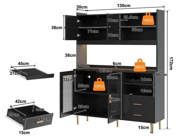 Skříňka do kuchyně Flieks, rozměry 130×40×172 cm, s RGB LED osvětlením a zásuvkami, přihrádkou na lahve vína, výsuvnými policemi a kávovým koutkem, barva černá