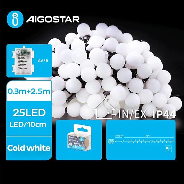Aigostar - LED Venkovní řetěz 25xLED/3xAA/8 funkcí 2,8 m IP44 studená bílá