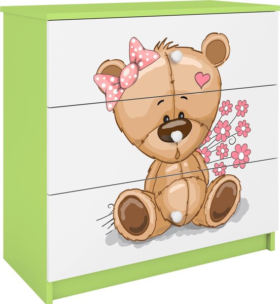 Dětská komoda se zásuvkami medvídek květiny v zelené barvě Babydreams
