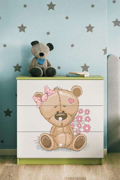 Dětská komoda se zásuvkami medvídek květiny v zelené barvě Babydreams