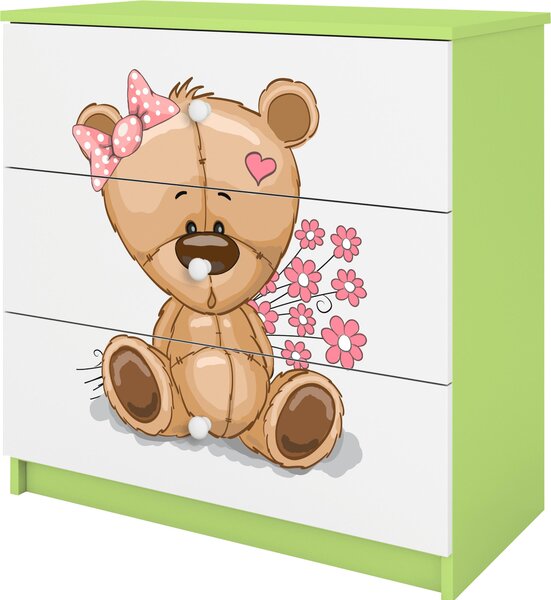 Dětská komoda se zásuvkami medvídek květiny v zelené barvě Babydreams