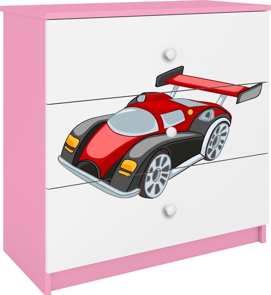 Dětská komoda se zásuvkami závodní auto v růžové barvě Babydreams