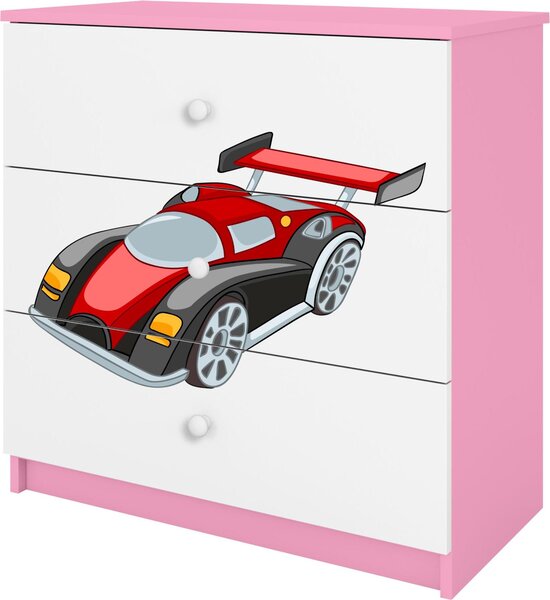 Dětská komoda se zásuvkami závodní auto v růžové barvě Babydreams