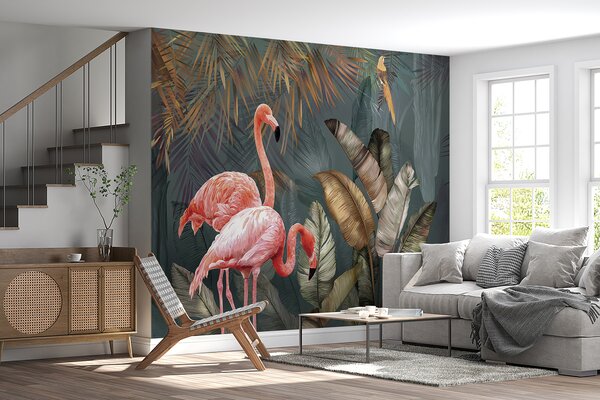 Fototapeta Růžoví plameňáci a pták v lese, Designové fototapety na zeď, Populární fototapety, u21344 - Tapeko.co.cz