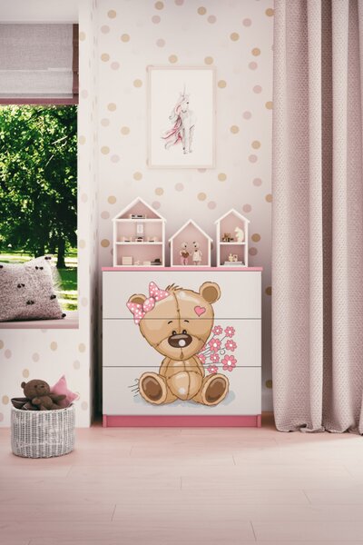 Dětská komoda se zásuvkami medvídek květiny v růžové barvě Babydreams