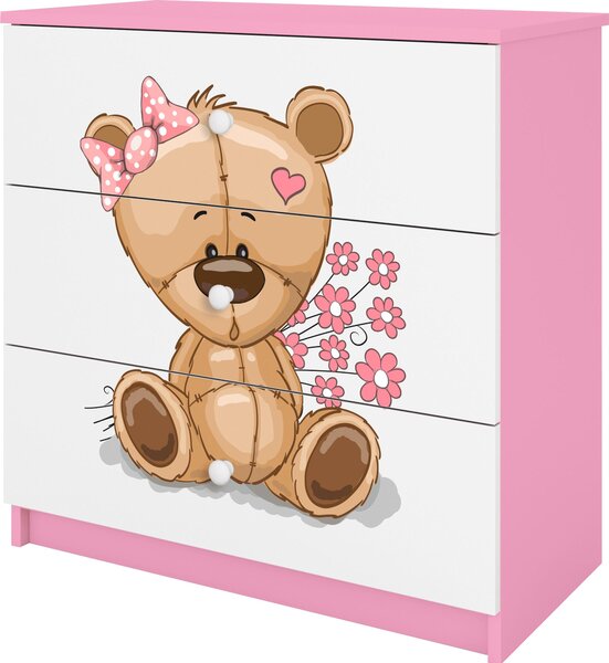 Dětská komoda se zásuvkami medvídek květiny v růžové barvě Babydreams