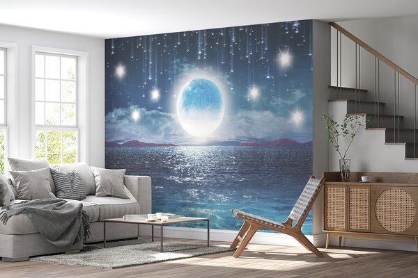 Fototapeta Měsíc nad vodou s hvězdami a mraky, Designové fototapety na zeď, Populární fototapety, u23205 - Tapeko.co.cz