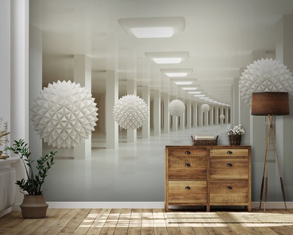 Fototapeta Bílá místnost s bílými koulemi ze stropu, 3D fototapety, Populární fototapety, u24296 - Tapeko.co.cz