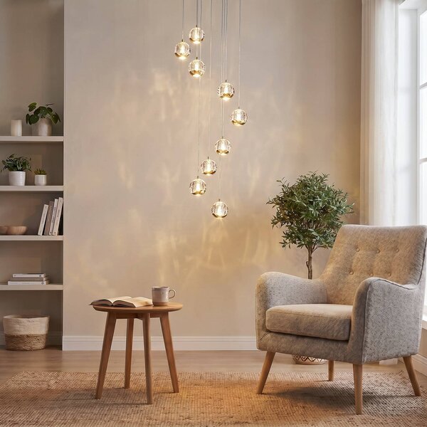 Lucande Závěsné svítidlo LED Hayley, Ø 40 cm, 9 světel, zlatá barva, sklo, Mosaz / zlato, Obývací pokoj / jídelna, Sklo, Design, Skupinová svítidla